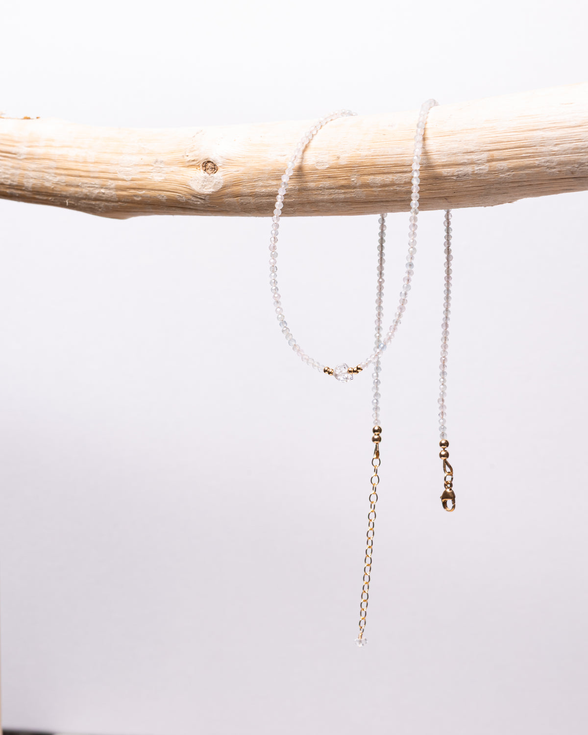 A delicate necklace with a fine silver chain and small gold-toned bead accents, hanging from a light wood branch against a plain white background.